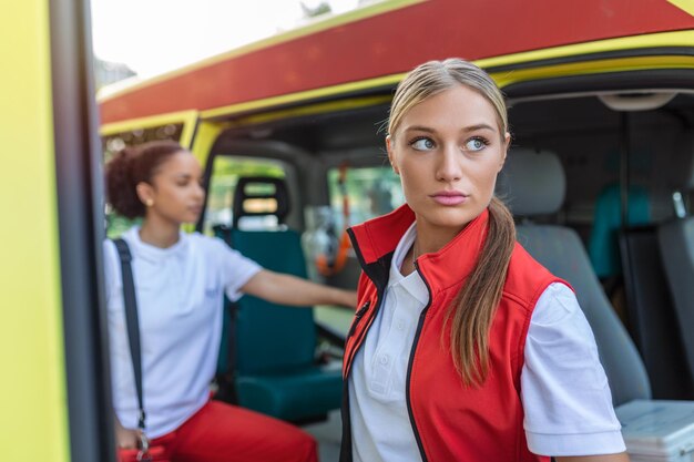 Ein Team von Sanitätern kommt aus einem Krankenwagen, um einen Notruf zu beantworten