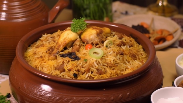 Kostenloses Foto ein teller biryani mit einer schüssel hähnchen und gemüse