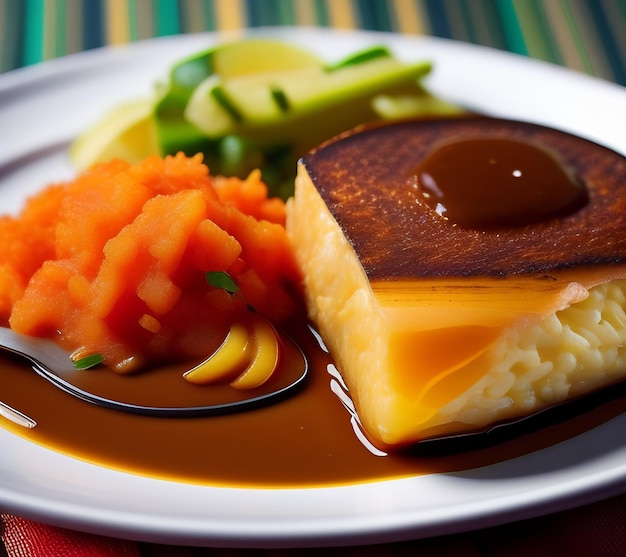 Ein Teller mit Essen mit einer braunen Soße und Karotten darauf.