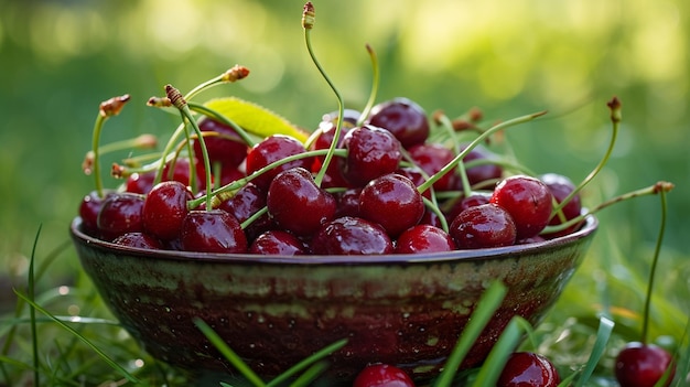 Kostenloses Foto ein teller mit kirschen im garten