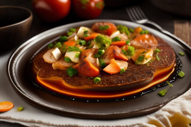 Ein Teller mit Pfannkuchen mit Gemüse und einer Tomate darauf