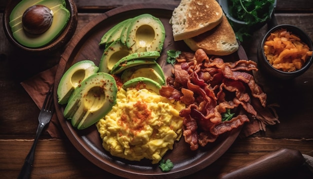 Ein Teller mit Rührei, Avocado und Toast mit Avocado drauf.