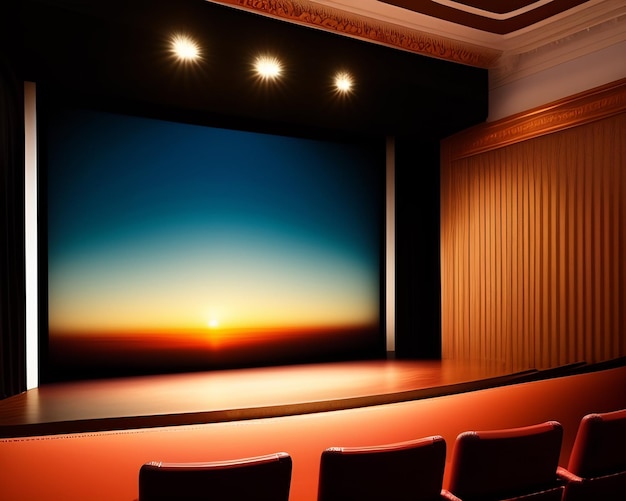 Kostenloses Foto ein theater mit einem bildschirm, auf dem steht, dass die sonne untergeht