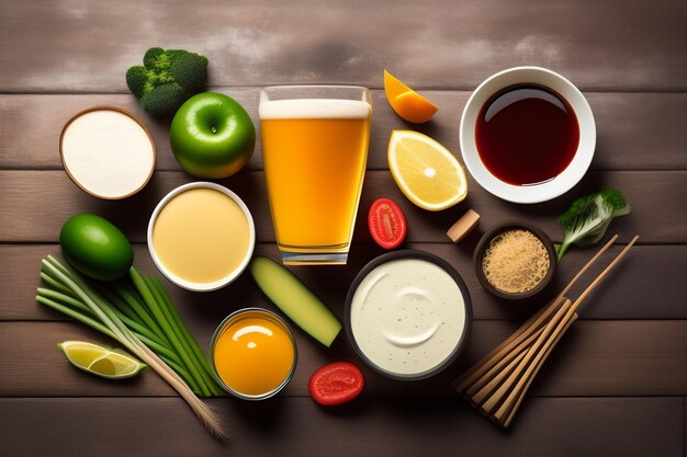 Ein Tisch mit verschiedenen Lebensmitteln, darunter Brokkoli, Brokkoli, Orange und grüner Tee.