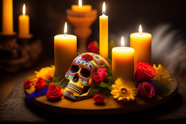 Ein Totenkopf mit einer Kerze in der Mitte