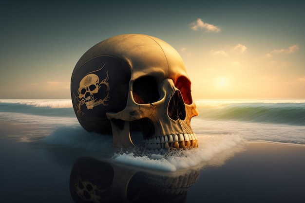 Ein Totenschädel mit einem Totenkopf darauf liegt im Wasser mit einem Bild eines Piratensymbols darauf.
