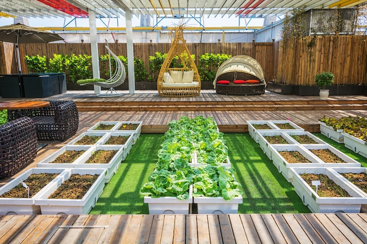 Kostenlose Foto ein überdachter lebensstilgarten mit innen- und außenleben