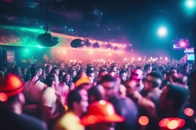 Ein überfüllter Club mit Menschen in bunten Lichtern und einem der Lichter, auf denen "Club" steht