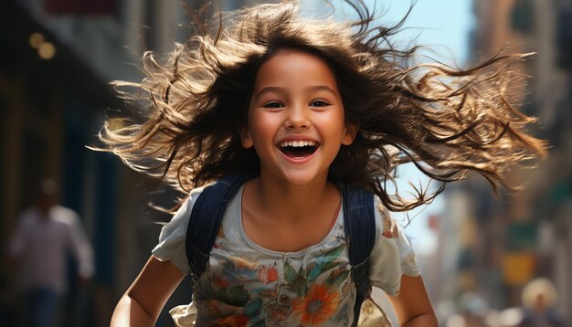 Ein unbeschwertes junges Mädchen, das die Natur genießt und vor Freude lächelt, die durch künstliche Intelligenz erzeugt wird