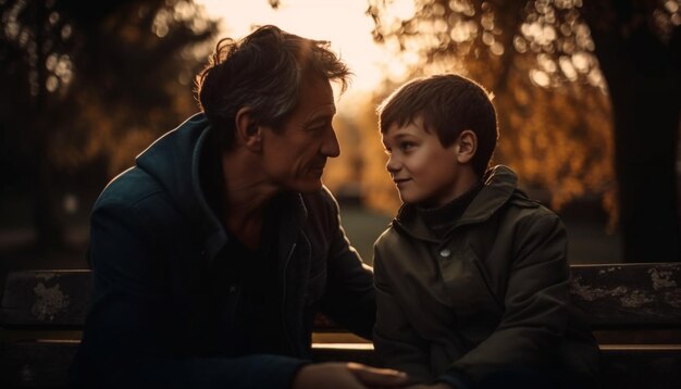 Ein Vater umarmt seinen Sohn in einem von KI erzeugten Sonnenuntergang in der Natur