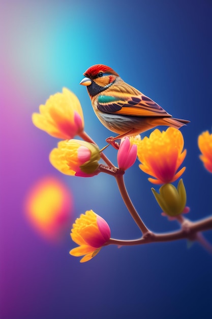 Ein Vogel auf einem Zweig einer Blume
