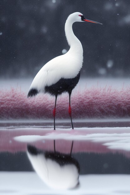 Ein Vogel mit weißem Hals steht in einer verschneiten Landschaft.