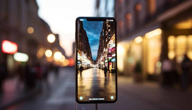 Ein von KI erzeugtes Smartphone beleuchtet die Skyline der Stadt in der Abenddämmerung