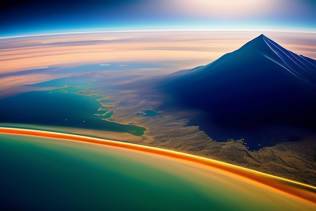 Kostenloses Foto ein vulkan ist über dem ozean sichtbar.
