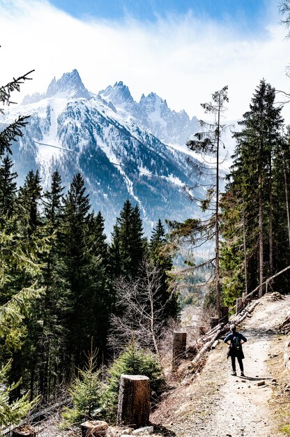 Ein Wanderer, der auf einem Hügel mit einem felsigen Berg geht