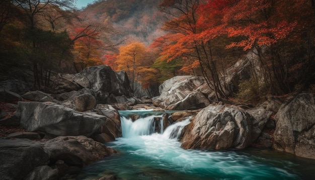 Ein Wasserfall in einem Wald mit roten Blättern am Grund