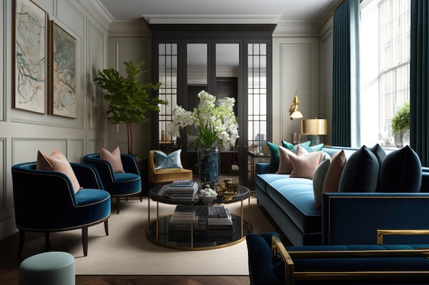 Ein Wohnzimmer mit einem großen blauen Sofa und einem großen Couchtisch mit einem großen Fenster, auf dem steht: „Das Zimmer ist mit einer großen Pflanze geschmückt. '