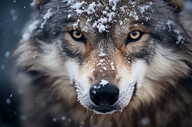 Ein Wolf in der Nähe, der auf seinem Gesicht schneit, schöne Augen fokussieren