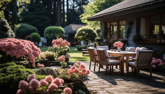 Kostenloses Foto ein wunderschöner blumentopf auf einem grünen stuhl in einem von künstlicher intelligenz erzeugten formellen garten