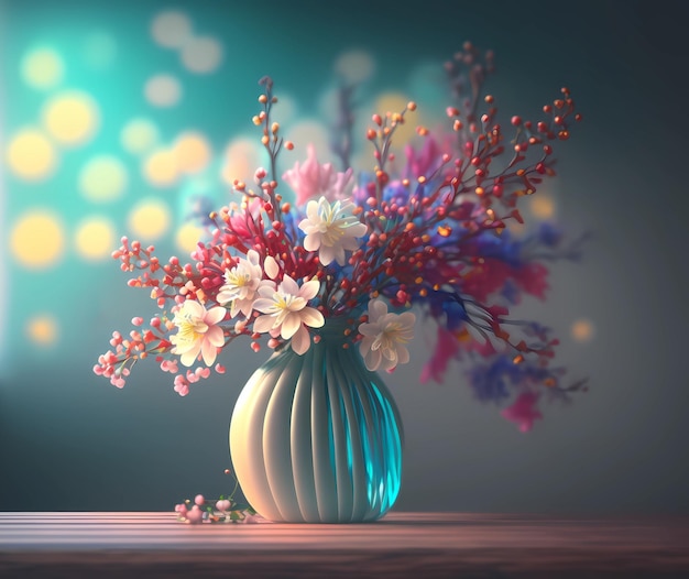 Kostenloses Foto eine 3d-vase mit blumen vor einem bokeh-hintergrund