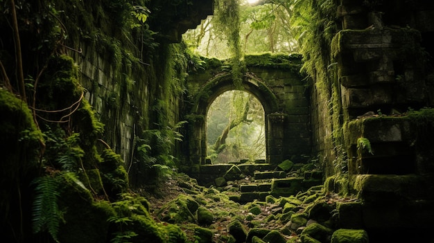 Eine alte, mit Moos bedeckte Ruine, die durch die dichte Vegetation späht