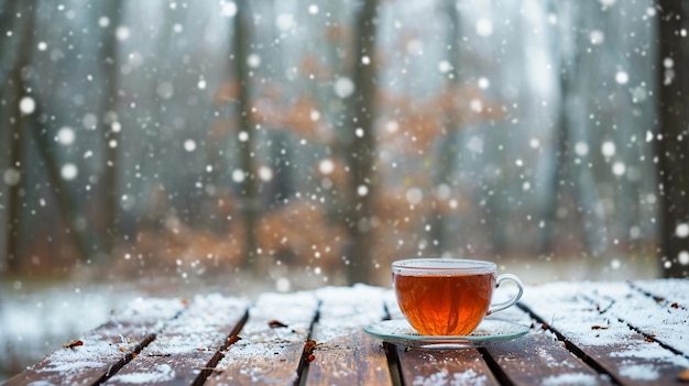 Kostenloses Foto eine aromatische tasse tee im winter auf einem tisch im wald