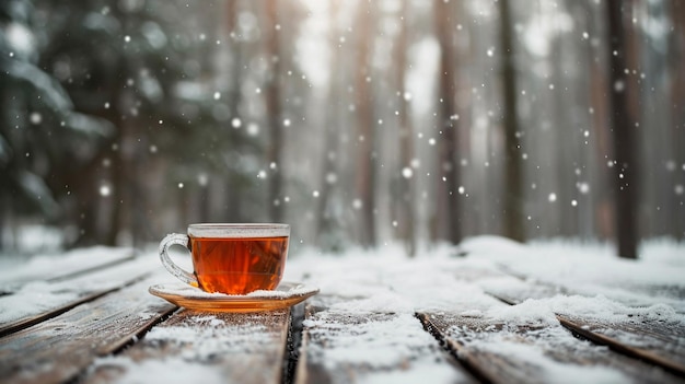 Eine aromatische Tasse Tee im Winter auf einem Tisch im Wald