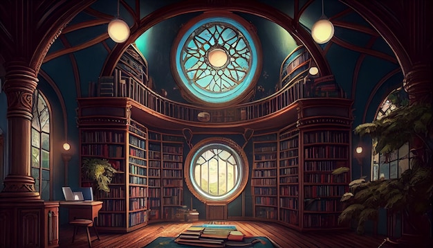 Eine Bibliothek mit einem runden Fenster und einem Bücherregal mit einem Bücherregal auf der linken Seite.