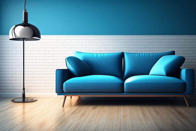 Eine blaue Couch in einem Wohnzimmer mit einer schwarzen Lampe an der Wand.