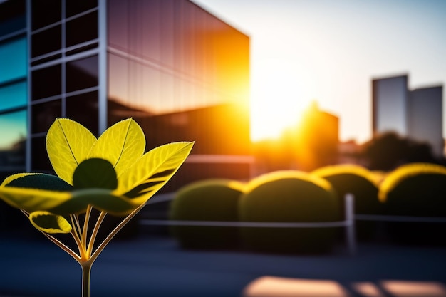 Kostenloses Foto eine blume vor einem gebäude, hinter der die sonne untergeht