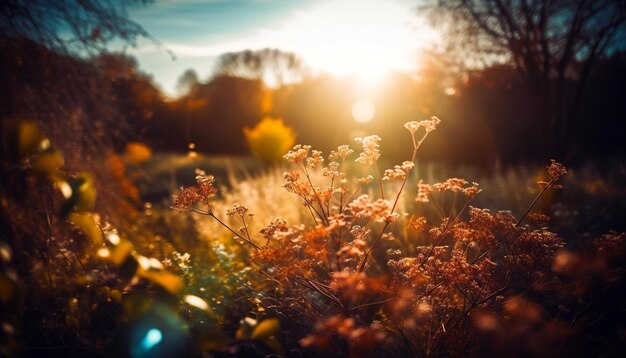 Eine Blumenwiese, dahinter die untergehende Sonne