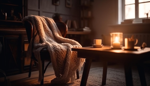 Eine brennende Kerze sitzt auf einem Stuhl in einem dunklen Raum mit einer Decke darauf.