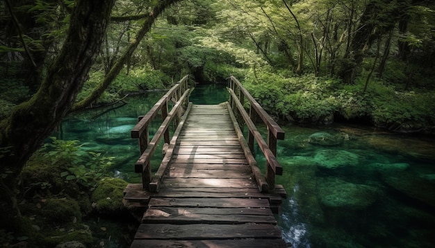 Eine Brücke über einen Fluss mit grünen Bäumen und blauem Wasser.