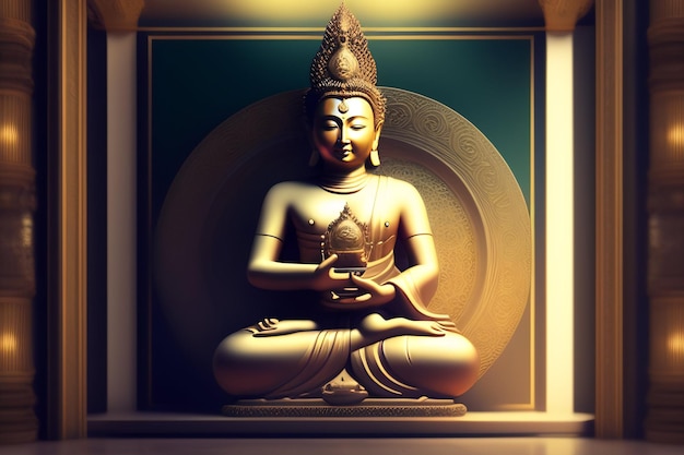 Eine Buddha-Statue sitzt vor einer beleuchteten Wand.