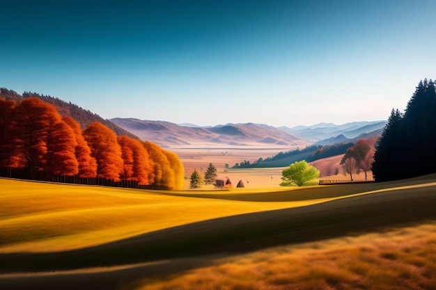 Kostenloses Foto eine bunte landschaft mit einem kleinen haus in der ferne.