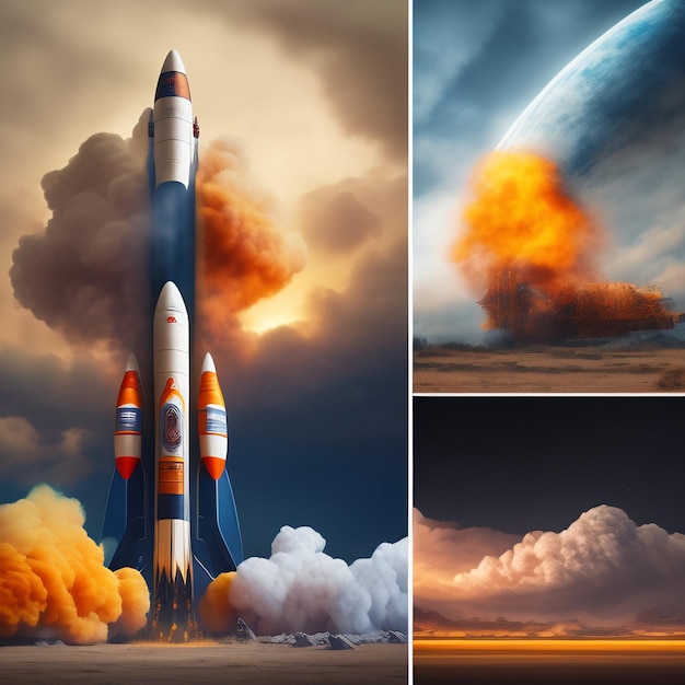 Kostenloses Foto eine collage aus bildern einer rakete mit dem wort „space“ auf der unterseite