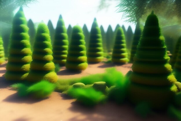 Eine digitale Wiedergabe eines Waldes mit einem Hintergrund des grünen Grases.