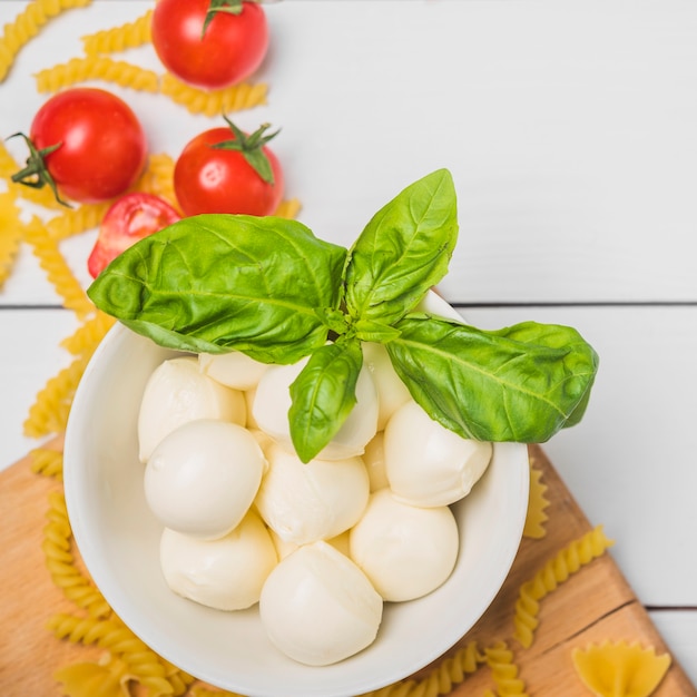 Eine Draufsicht auf italienischen Mozzarella-Käse mit Basilikumblatt; Tomaten und Fusilli-Nudeln