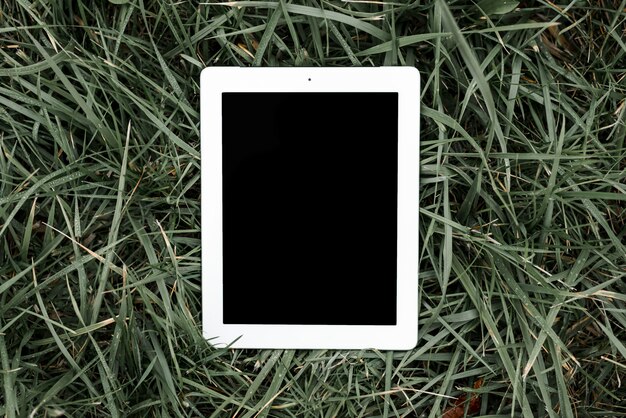 Eine Draufsicht der digitalen Tablette mit schwarzem Bildschirm auf grünem Gras