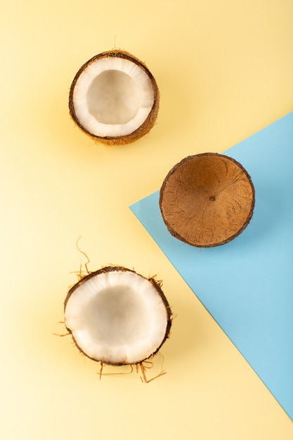 Eine Draufsicht Kokosnüsse ganz und in Scheiben geschnitten milchig frisch weich auf der creme-eisblau gefärbten Farbe