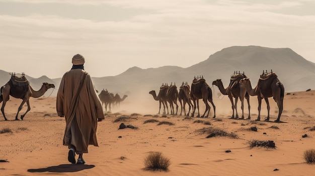 Eine einsame Kamelkarawane durchquert eine trostlose Wüstenlandschaft