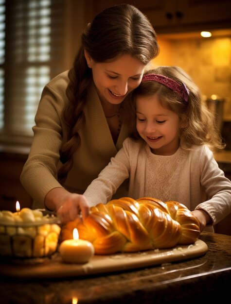 Eine Familie bereitet ein Challah-Gericht für Chanuckah vor