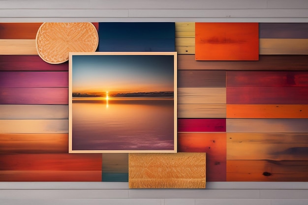 Kostenloses Foto eine farbenfrohe holzausstellung mit einem sonnenuntergang im hintergrund.