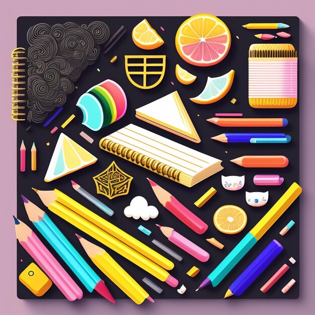 Eine farbenfrohe Illustration verschiedener Gegenstände, darunter ein Bleistift und eine Zitrone