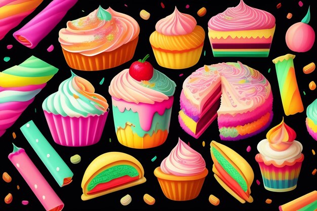 Eine farbenfrohe Illustration von Cupcakes mit einem, der eine Kirsche darauf hat.