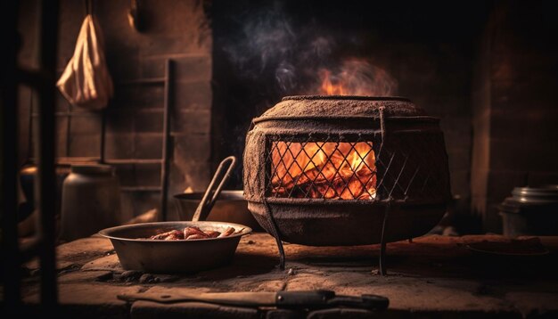 Eine Feuerstelle mit einem Topf mit Essen daneben