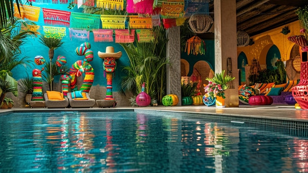 Kostenloses Foto eine fiesta am pool im mexikanischen stil mit pinatas sombreros und einer salsa-tanzfläche