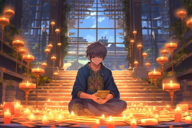 Eine Figur im Anime-Stil mit leuchtenden Kerzen