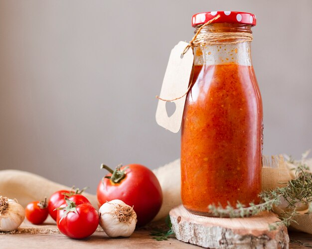 Eine Flasche Borschtomaten und Knoblauch