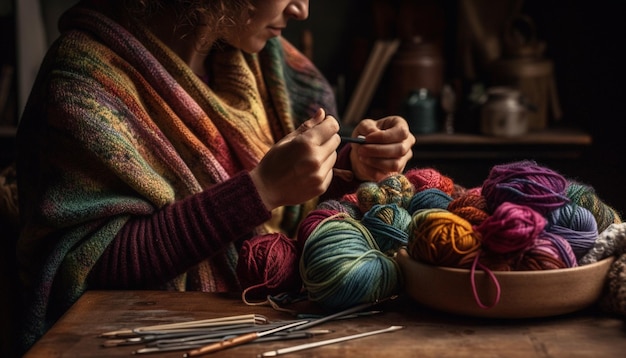 Kostenloses Foto eine frau, die einen mehrfarbigen winterschal strickt, der von ki generiert wurde